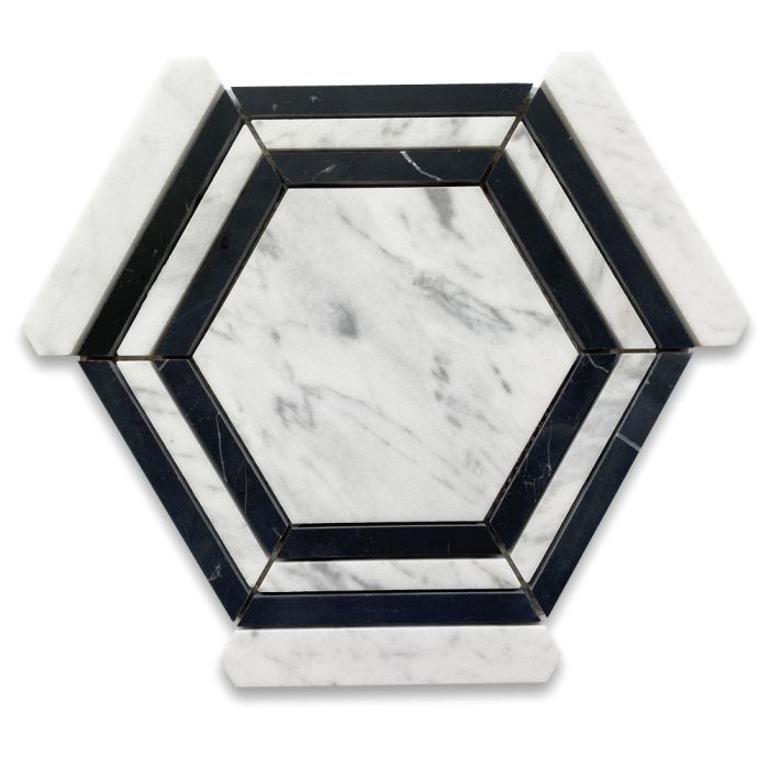 Carrara White Marble 5 inch Hexagon Georama Nero Strip Geometric Mosaic Tile Honed