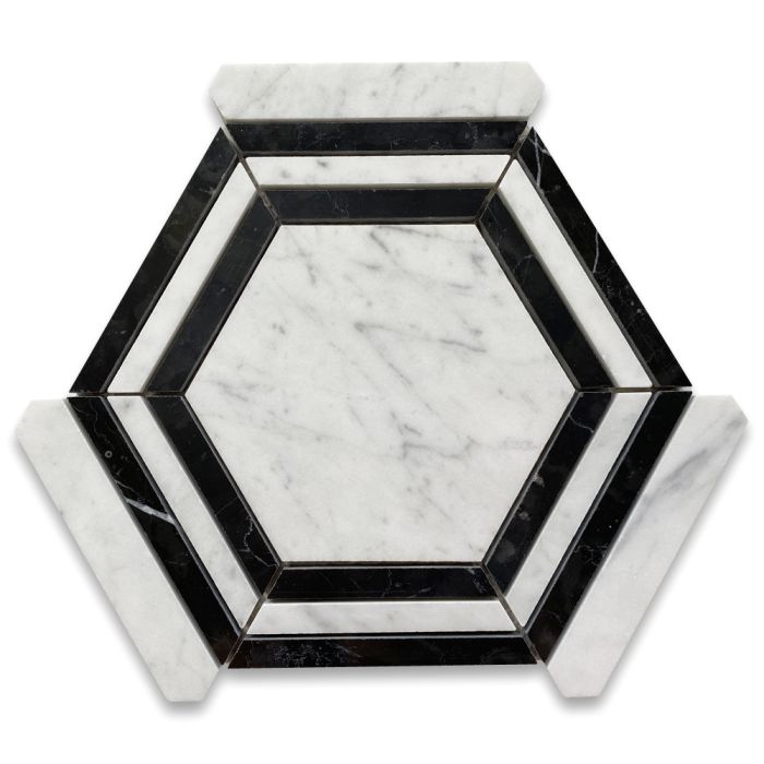 Carrara White Marble 5 inch Hexagon Georama Nero Strip Geometric Mosaic Tile Polished
