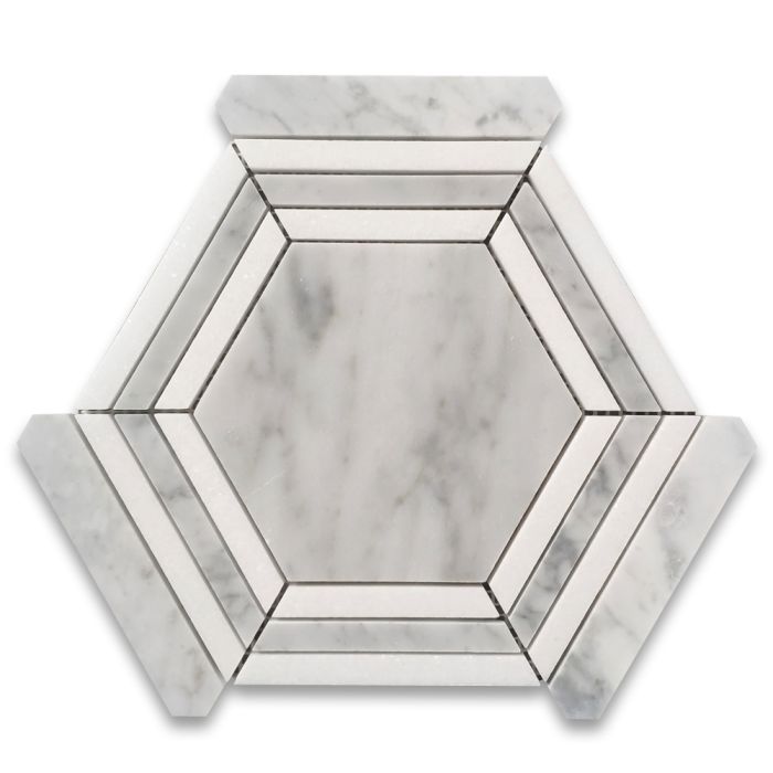 Carrara White Marble 5 inch Hexagon Georama Geometric Mosaic Tile w/ Thassos White Strips Honed