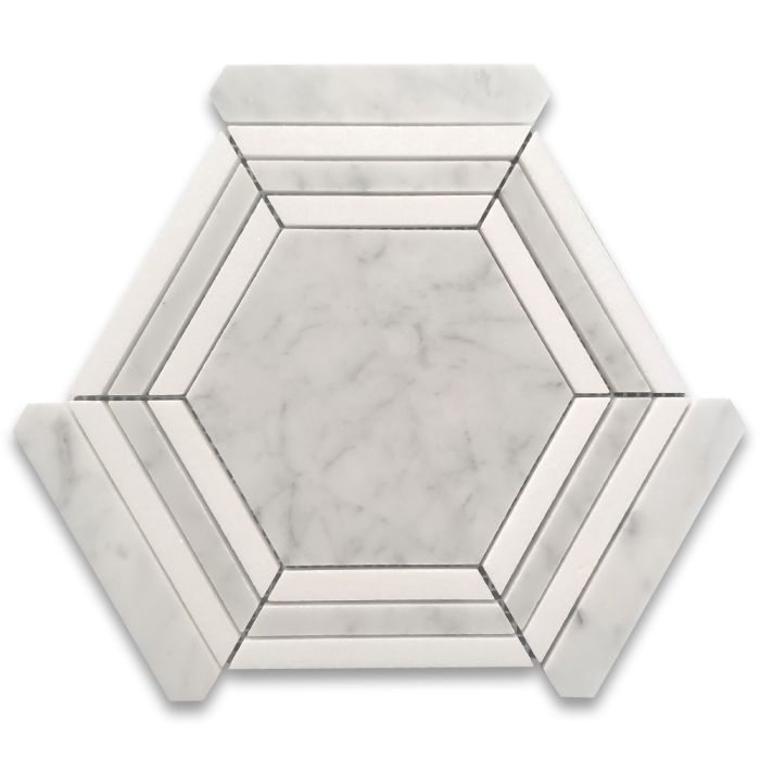 Carrara White Marble 5 inch Hexagon Georama Geometric Mosaic Tile w/ Thassos White Strips Polished