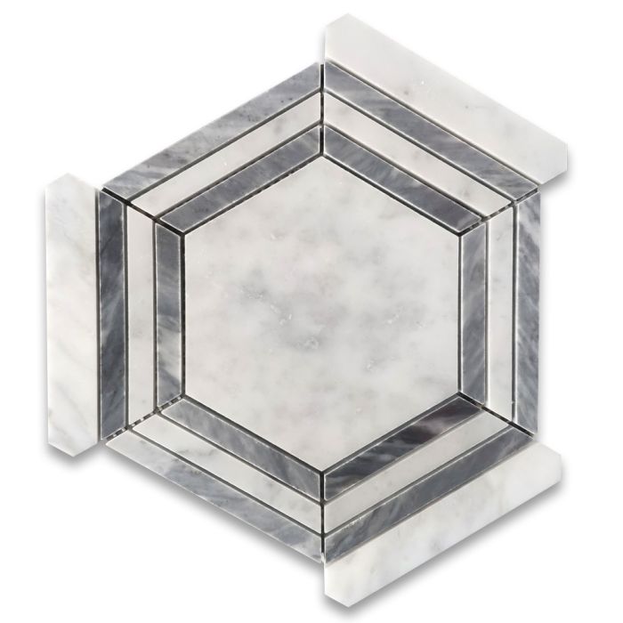 Carrara White Marble 5 inch Hexagon Georama Geometric Mosaic Tile w/ Bardiglio Gray Strips Polished