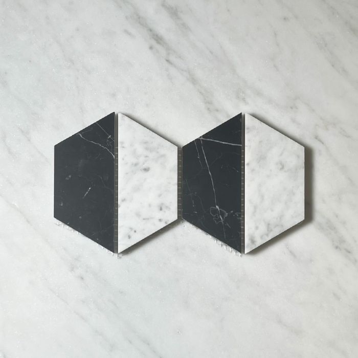 (Sample) Carrara White Marble 4.5 inch Trapezoid Split Hexagon Mosaic Tile w/ Nero Marquina Black Honed