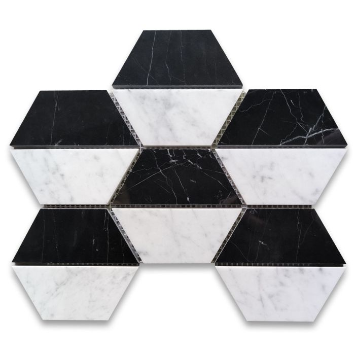 Carrara White Marble 4.5 inch Trapezoid Split Hexagon Mosaic Tile w/ Nero Marquina Black Polished