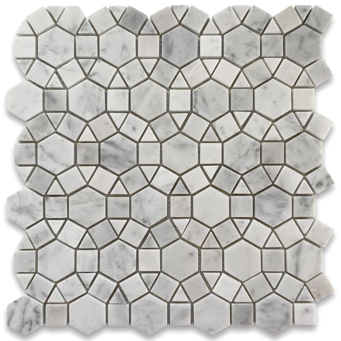 Carrara White Marble 1-1/2 inch Hexagon Sunflower Ring Waterjet Mosaic Tile Honed