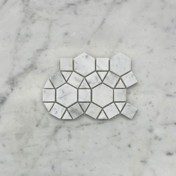 (Sample) Carrara White Marble 1-1/2 inch Hexagon Sunflower Ring Waterjet Mosaic Tile Honed