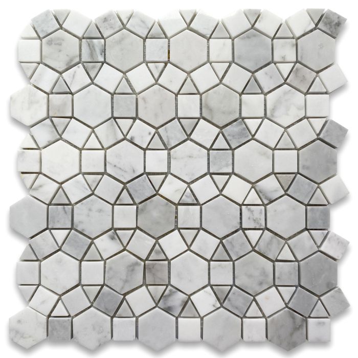 Carrara White Marble 1-1/2 inch Hexagon Sunflower Ring Waterjet Mosaic Tile Polished
