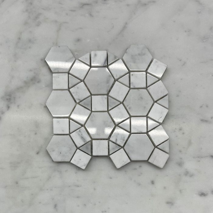 (Sample) Carrara White Marble 1-1/2 inch Hexagon Sunflower Ring Waterjet Mosaic Tile Polished