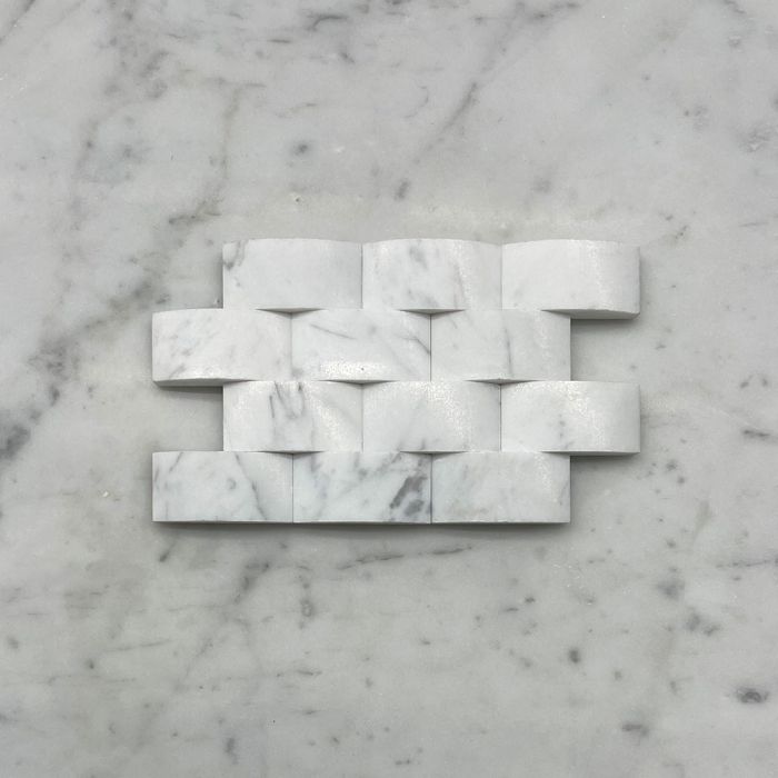 (Sample) Carrara White Marble 3D Cambered 1x2 Brick Arched Mosaic Tile Honed