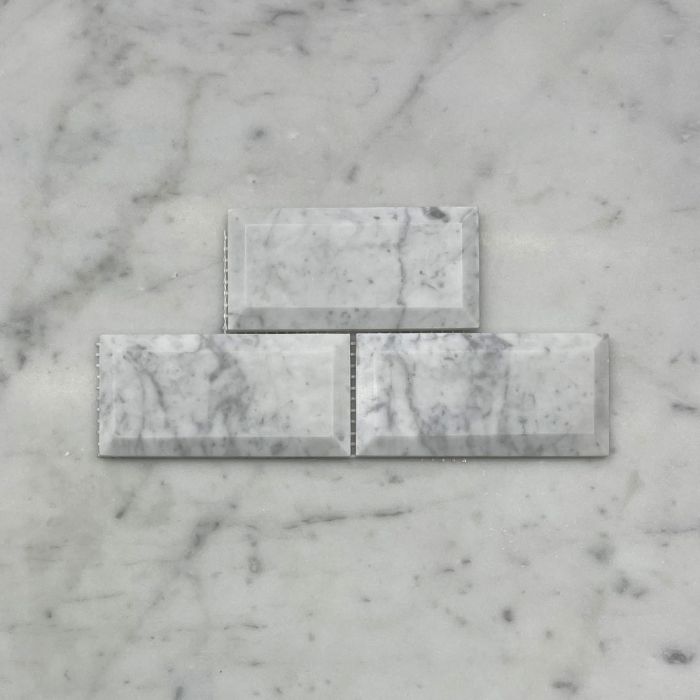 (Sample) Carrara White Marble 2x4 Subway Mosaic Tile Beveled Raised Angled Honed