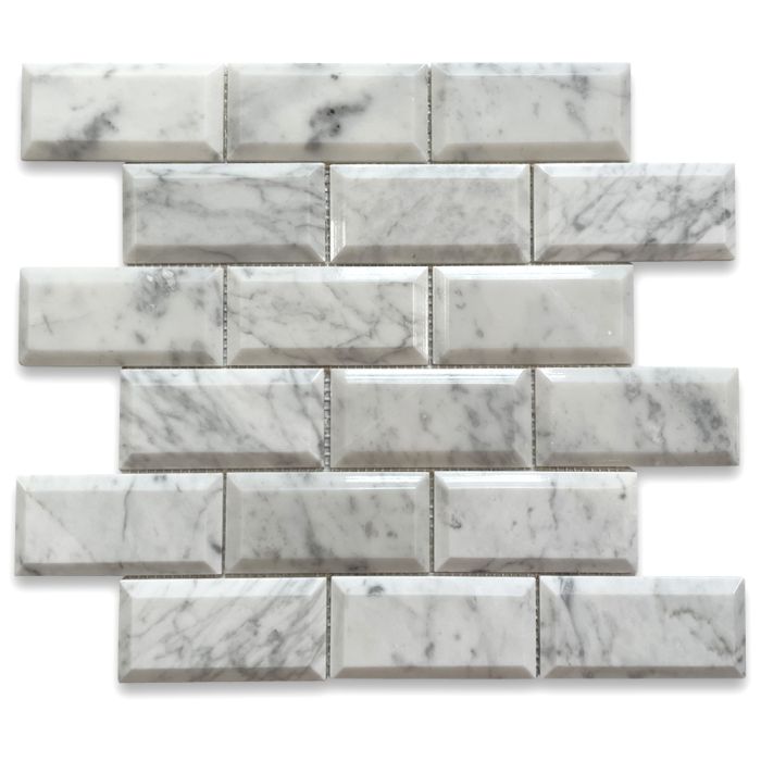 Carrara White Marble 2x4 Subway Mosaic Tile Beveled Raised Angled Polished