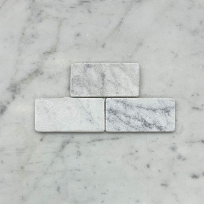(Sample) Carrara White Marble 2x4 Grand Brick Subway Mosaic Tile Tumbled
