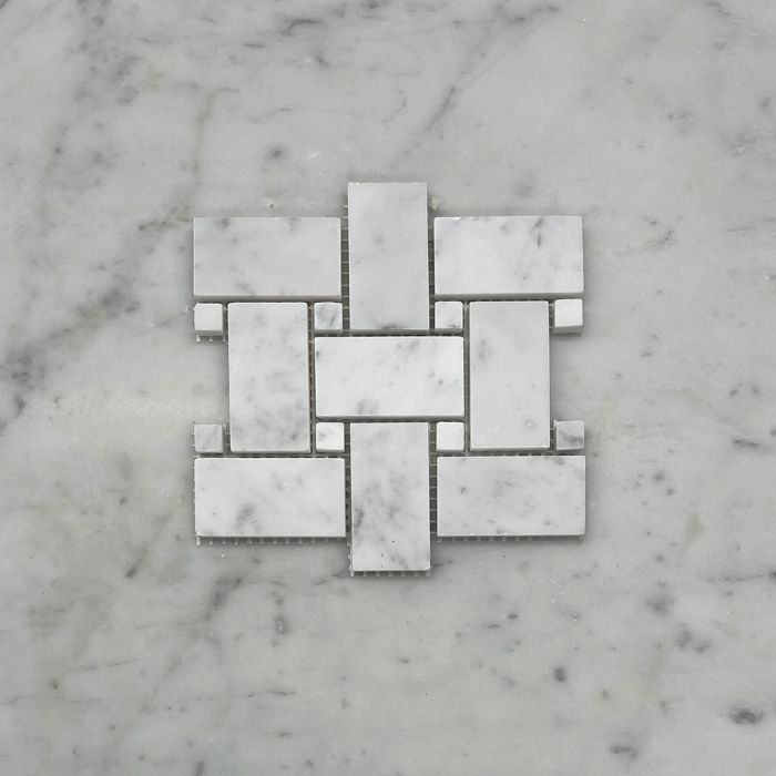 (Sample) Carrara White Marble 1x2 Basketweave Mosaic Tile w/ Carrara White Dots Honed
