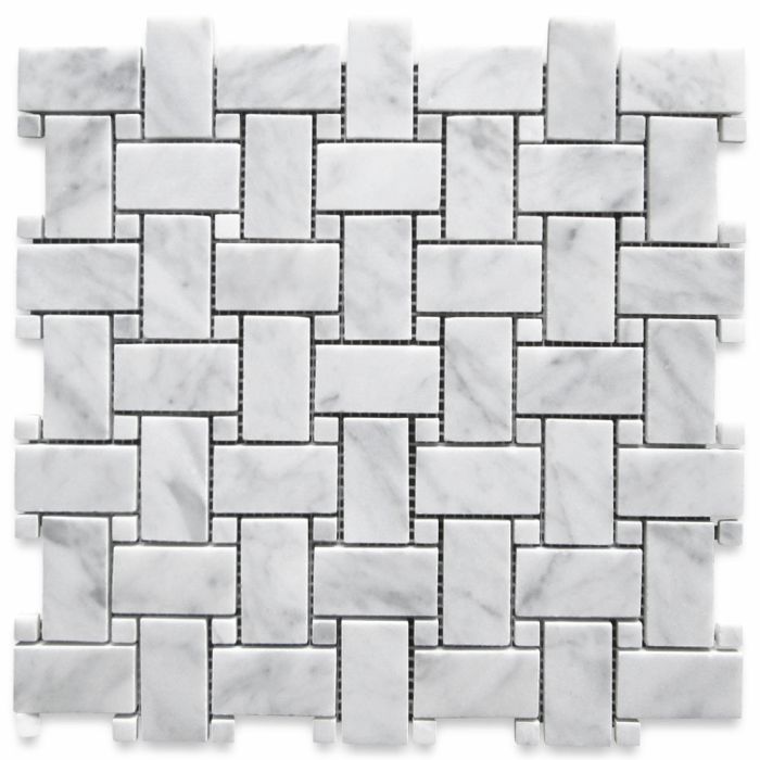 Carrara White Marble 1x2 Basketweave Mosaic Tile w/ Carrara White Dots Polished