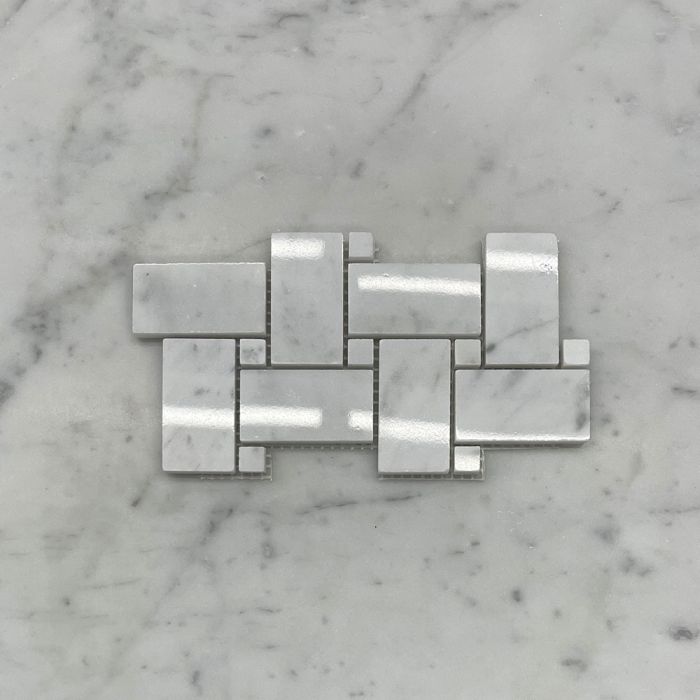 (Sample) Carrara White Marble 1x2 Basketweave Mosaic Tile w/ Carrara White Dots Polished