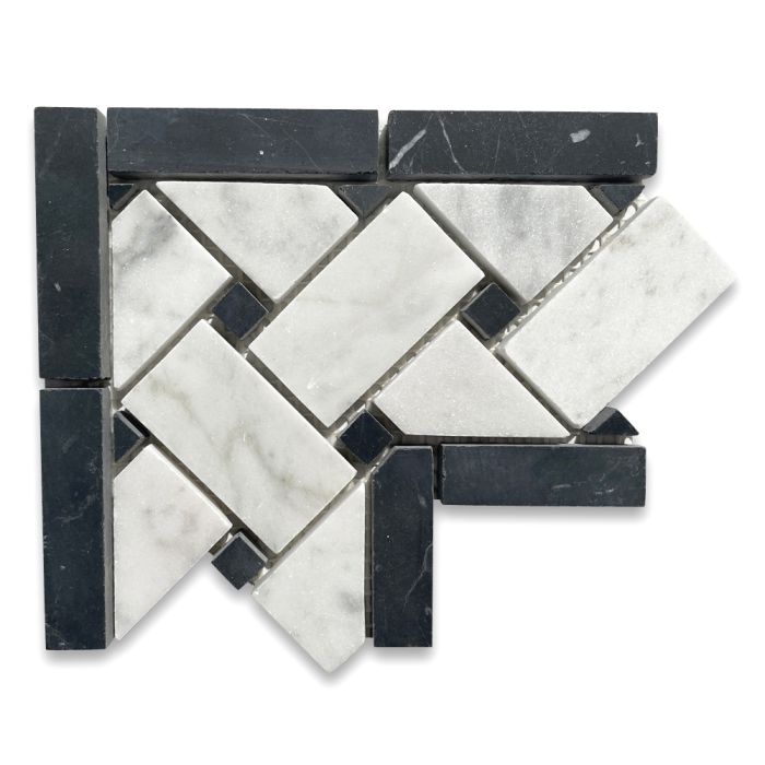 Carrara White Marble 4x4 Basketweave Mosaic Corner w/ Nero Marquina Black Dots Honed
