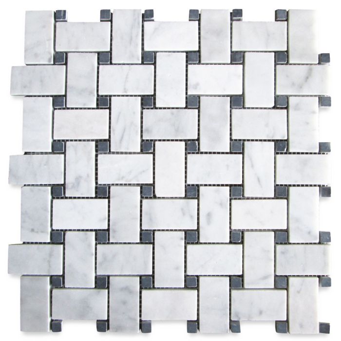 Carrara White Marble 1x2 Basketweave Mosaic Tile w/ Nero Marquina Black Dots Honed