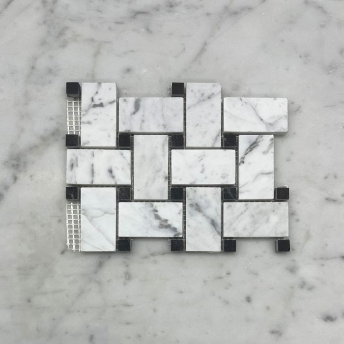 (Sample) Carrara White Marble 1x2 Basketweave Mosaic Tile w/ Nero Marquina Black Dots Honed