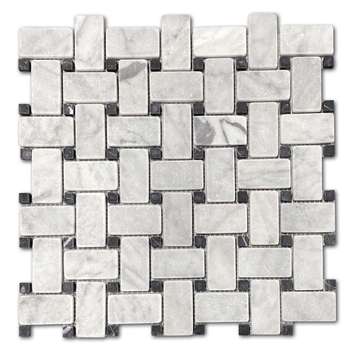 Carrara White Marble 1x2 Basketweave Mosaic Tile w/ Nero Marquina Black Dots Tumbled