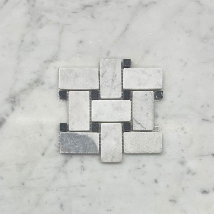 (Sample) Carrara White Marble 1x2 Basketweave Mosaic Tile w/ Nero Marquina Black Dots Tumbled