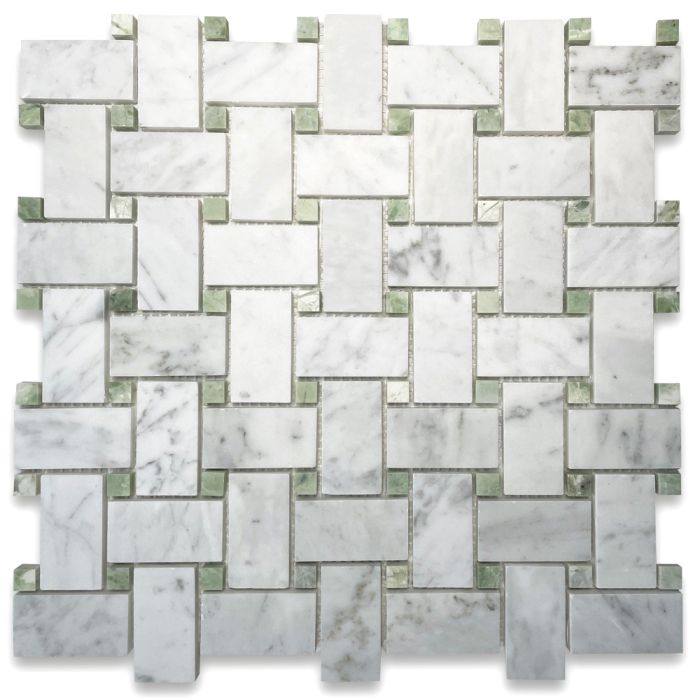 Carrara White Marble 1x2 Basketweave Mosaic Tile w/ Green Jade Dots Honed