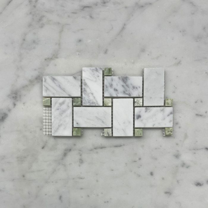 (Sample) Carrara White Marble 1x2 Basketweave Mosaic Tile w/ Green Jade Dots Honed