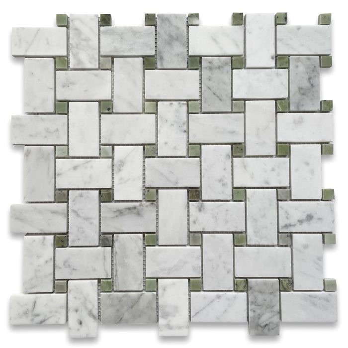Carrara White Marble 1x2 Basketweave Mosaic Tile w/ Green Jade Dots Polished