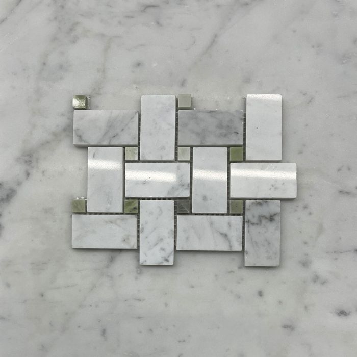 (Sample) Carrara White Marble 1x2 Basketweave Mosaic Tile w/ Green Jade Dots Polished