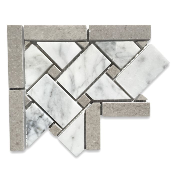 Carrara White Marble 4x4 Basketweave Mosaic Corner w/ Cinderella Gray Tan Dots Honed