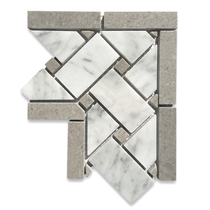 Carrara White Marble 4x4 Basketweave Mosaic Corner w/ Cinderella Gray Tan Dots Polished