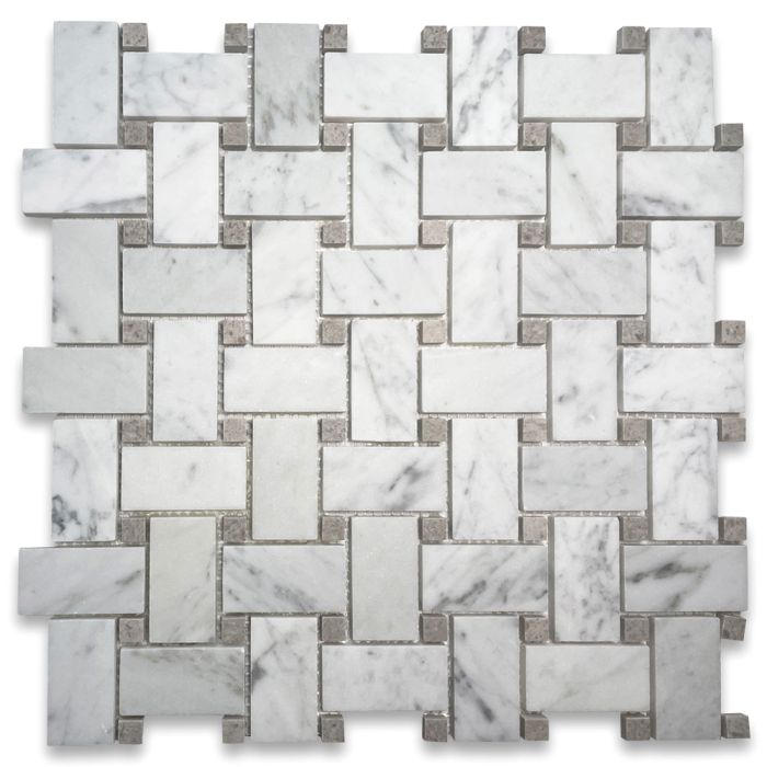 Carrara White Marble 1x2 Basketweave Mosaic Tile w/ Cinderella Gray Tan Dots Honed