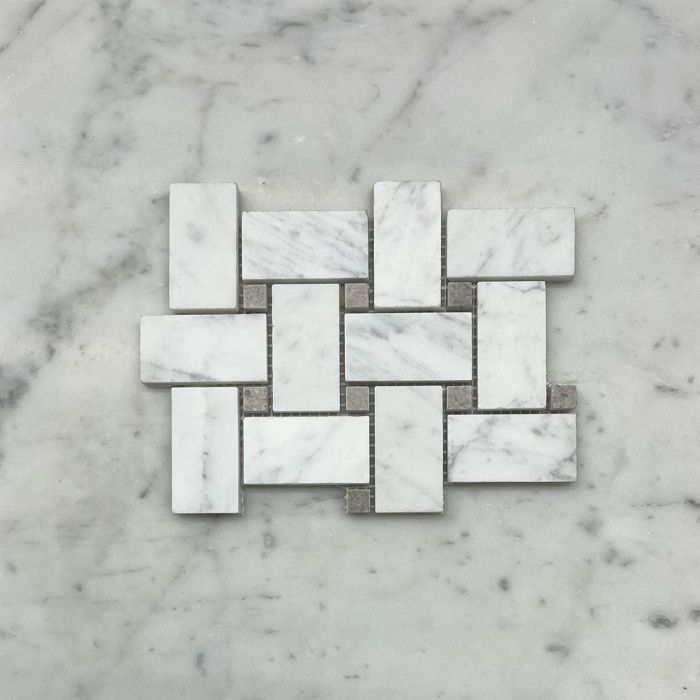 (Sample) Carrara White Marble 1x2 Basketweave Mosaic Tile w/ Cinderella Gray Tan Dots Honed