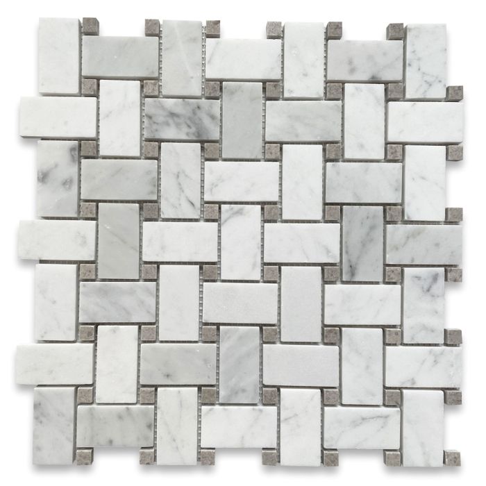 Carrara White Marble 1x2 Basketweave Mosaic Tile w/ Cinderella Gray Tan Dots Polished