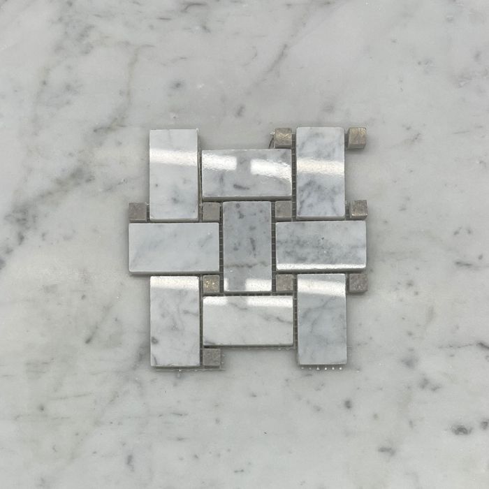 (Sample) Carrara White Marble 1x2 Basketweave Mosaic Tile w/ Cinderella Gray Tan Dots Polished