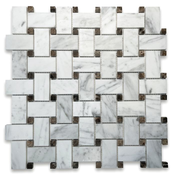 Carrara White Marble 1x2 Basketweave Mosaic Tile w/ Emperador Dark Brown Dots Honed