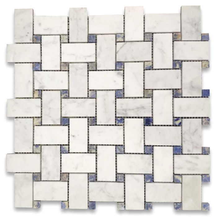 Carrara White Marble 1x2 Basketweave Mosaic Tile w/ Azul Macaubas Blue Dots Honed