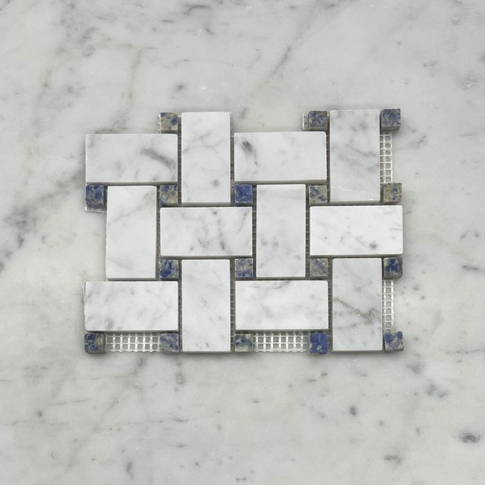 (Sample) Carrara White Marble 1x2 Basketweave Mosaic Tile w/ Azul Macaubas Blue Dots Honed