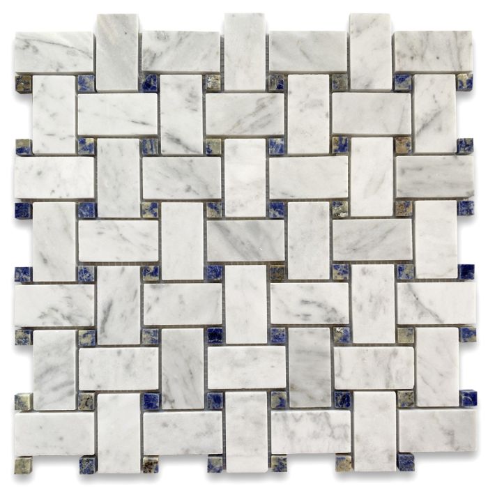 Carrara White Marble 1x2 Basketweave Mosaic Tile w/ Azul Macaubas Blue Dots Polished