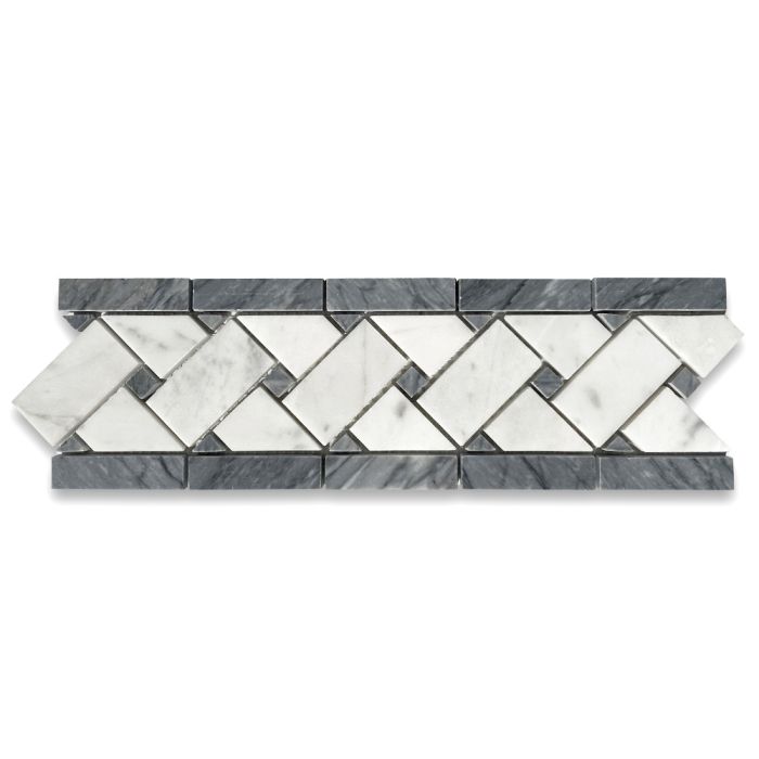 Carrara White Marble 4x12 Basketweave Mosaic Border w/ Bardiglio Gray Dots Polished