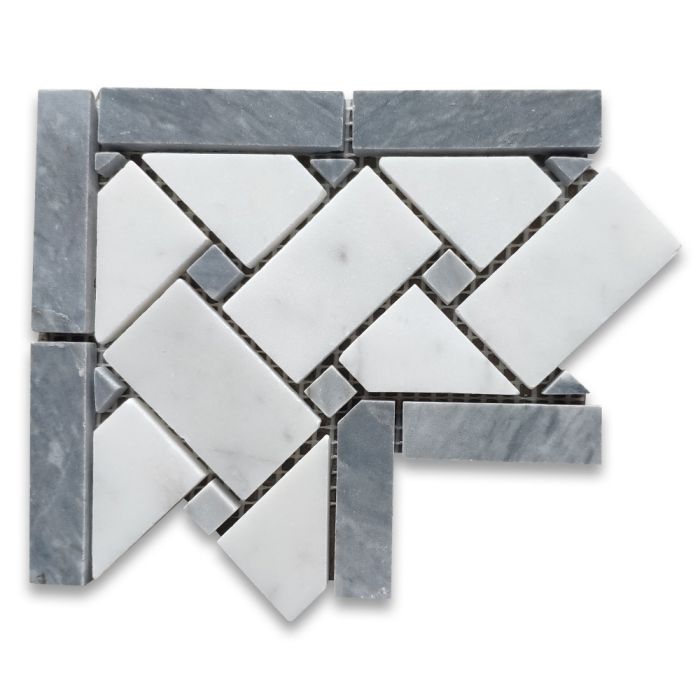Carrara White Marble 4x4 Basketweave Mosaic Corner w/ Bardiglio Gray Dots Honed