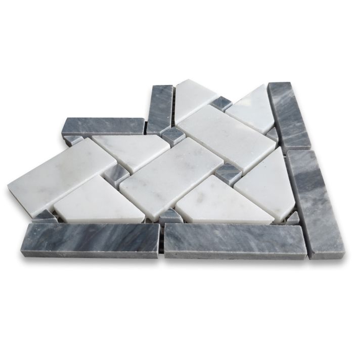 Carrara White Marble 4x4 Basketweave Mosaic Corner w/ Bardiglio Gray Dots Polished