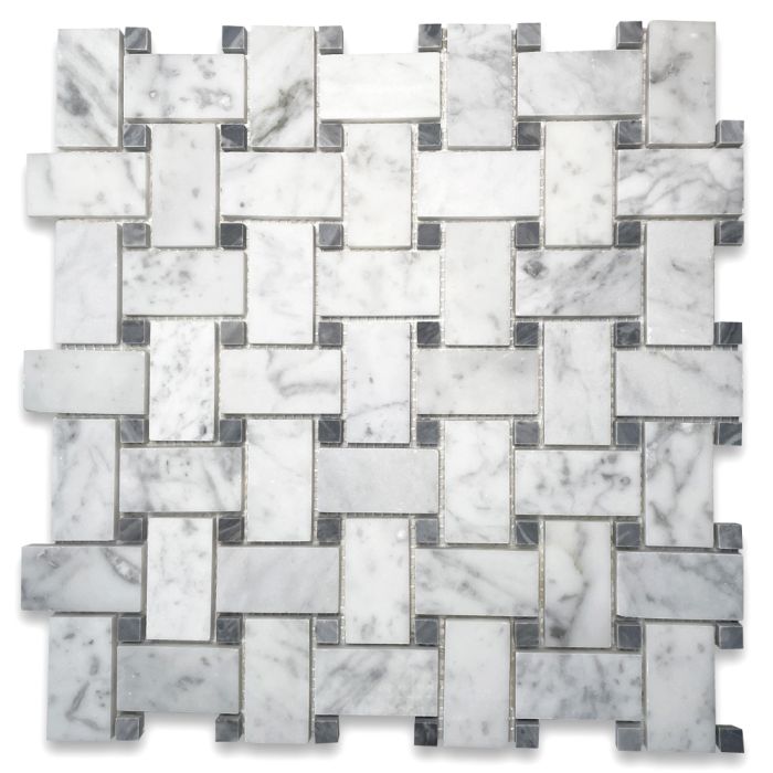 Carrara White Marble 1x2 Basketweave Mosaic Tile w/ Bardiglio Gray Dots Honed