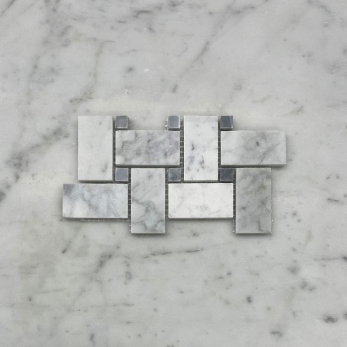 (Sample) Carrara White Marble 1x2 Basketweave Mosaic Tile w/ Bardiglio Gray Dots Honed