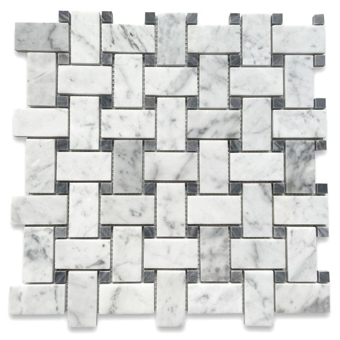 Carrara White Marble 1x2 Basketweave Mosaic Tile w/ Bardiglio Gray Dots Polished