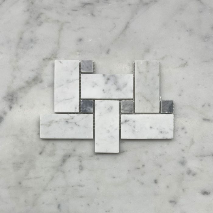 (Sample) Carrara White Marble Medium Basketweave Mosaic Tile w/ Bardiglio Gray Dots Honed