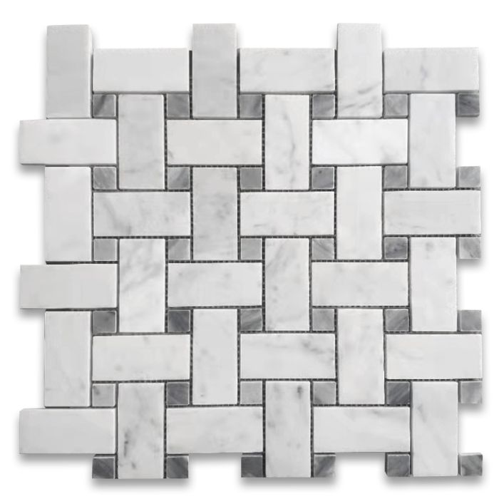 Carrara White Marble Medium Basketweave Mosaic Tile w/ Bardiglio Gray Dots Polished