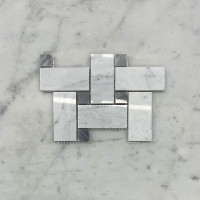 (Sample) Carrara White Marble Medium Basketweave Mosaic Tile w/ Bardiglio Gray Dots Polished