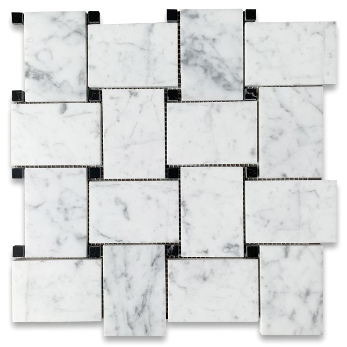 Carrara White Marble Large Basketweave Mosaic Tile w/ Nero Marquina Black Dots Honed