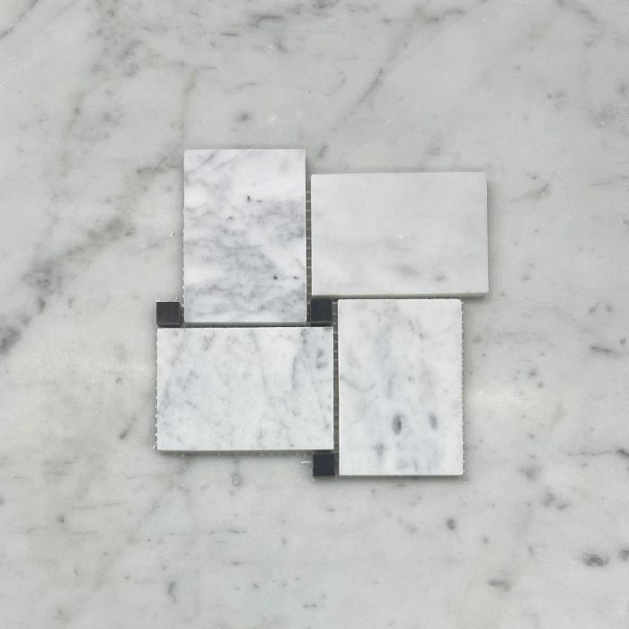 (Sample) Carrara White Marble Large Basketweave Mosaic Tile w/ Nero Marquina Black Dots Honed