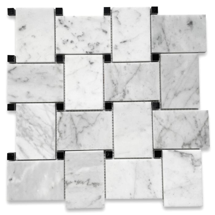 Carrara White Marble Large Basketweave Mosaic Tile w/ Nero Marquina Black Dots Polished
