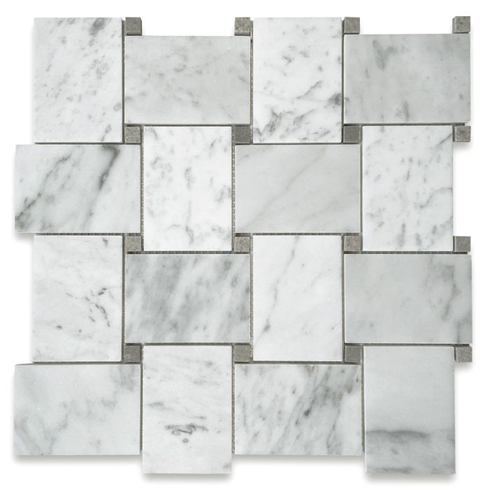 Carrara White Marble Large Basketweave Mosaic Tile w/ Cinderella Gray Tan Dots Honed